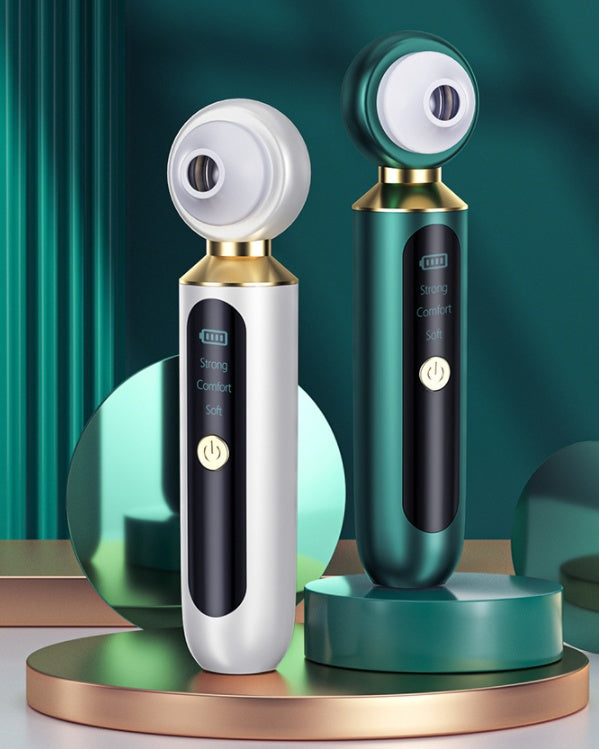 Los dos acabados del limpiador de poros Porosfree, blanco perla y verde esmeralda, sobre un pedestal dorado