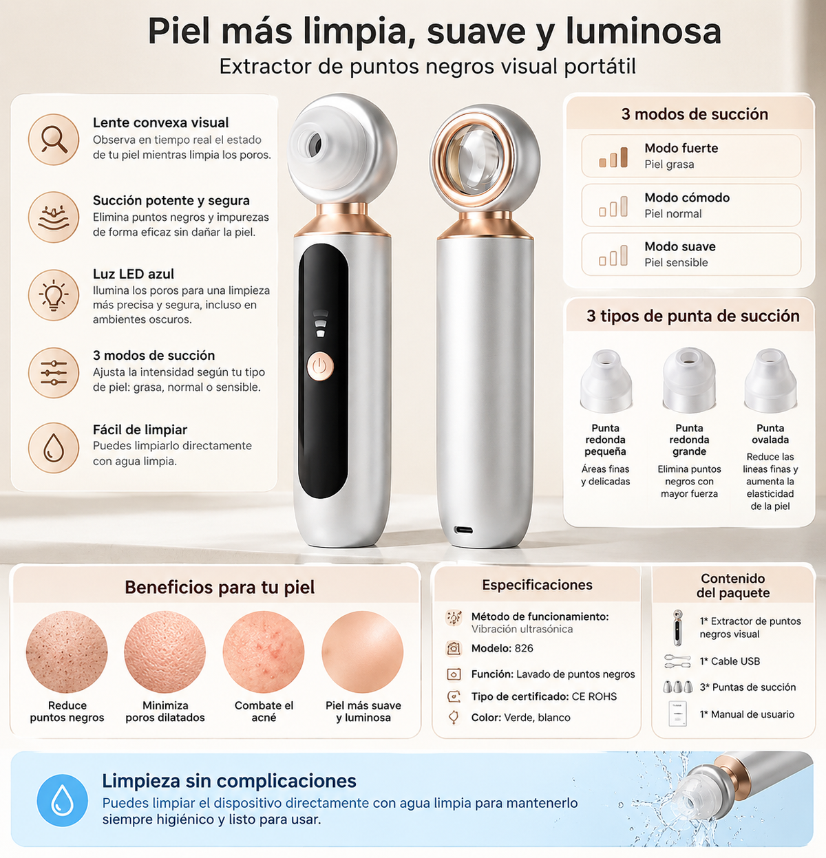 Ficha visual del limpiador de poros Porosfree: lente, modos de succión, cabezales y especificaciones